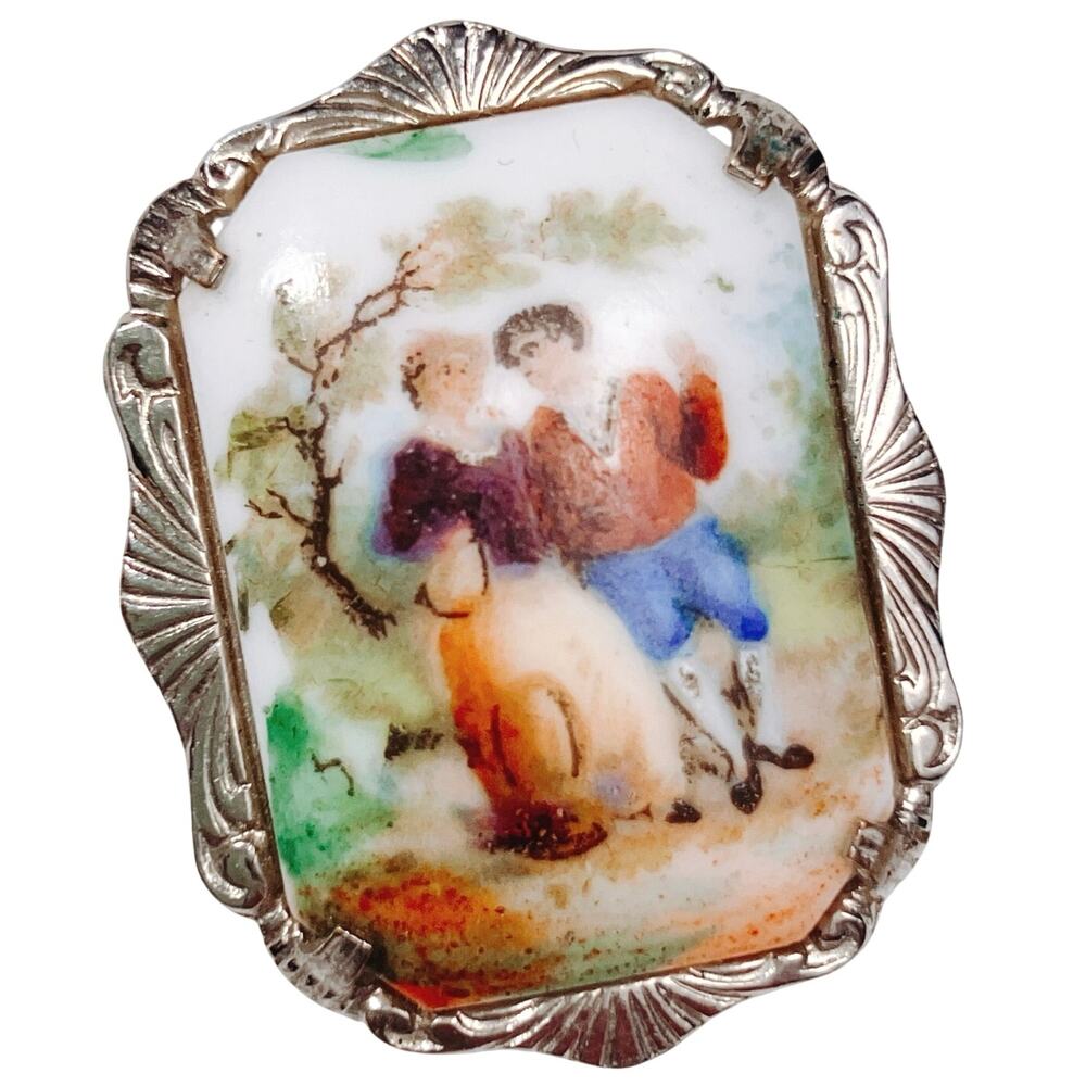 VTG Hand-Painted Porcelain Brooch Courting Silver Tone 1940s Rococo Revival